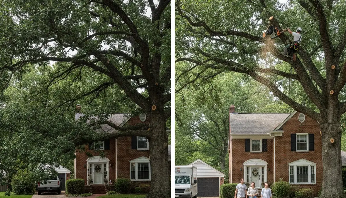 Arborist lifting tree canopy for better driveway clearance at St Louis home | Professional tree trimming