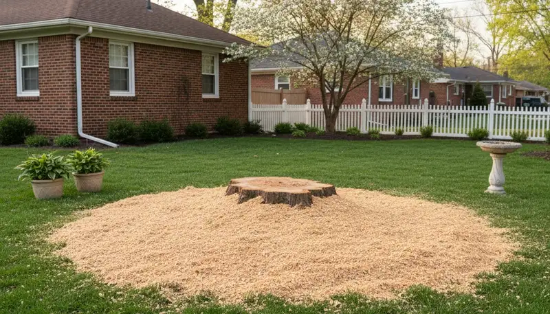Finished stump grinding with wood chips after tree removal in St Louis, MO lawn restoration