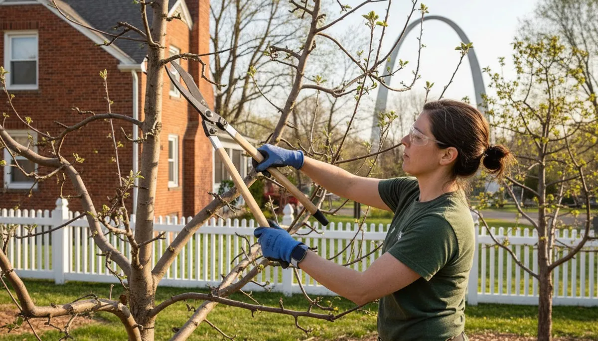 Arborist pruning fruit tree with loppers in St Louis MO backyard orchard for healthy growth and harvest
