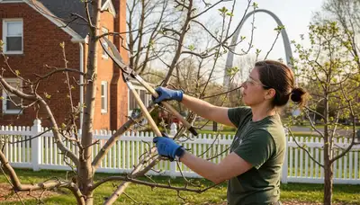 Arborist pruning fruit tree with loppers in St Louis MO backyard orchard for healthy growth and harvest