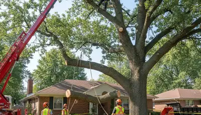 Arborists performing large tree removal with bucket truck in Granite City near St. Louis, MO homes