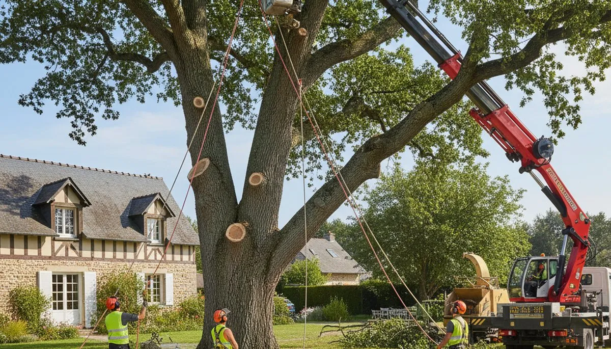Arborists using bucket truck for large tree removal in Normandy, St Louis, MO to protect local homes