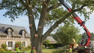 Arborists using bucket truck for large tree removal in Normandy, St Louis, MO to protect local homes