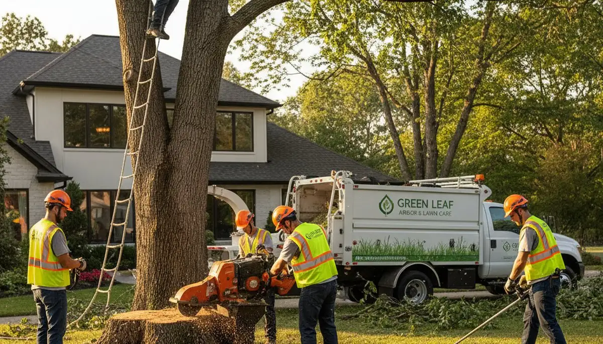 Lawn care team mowing green yard in St Louis MO for Chop Chop Tree professional maintenance services