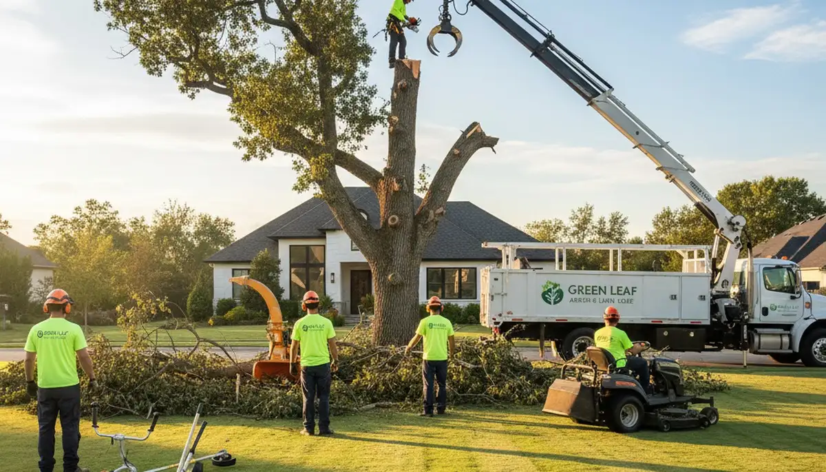 Professional lawn and tree service team working in St Louis, MO yard