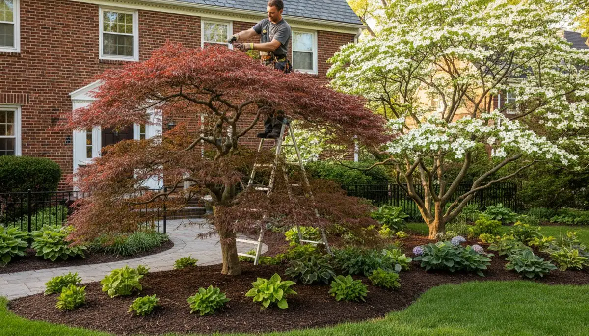Arborist hand pruning Japanese maple for ornamental tree care in St Louis, MO residential landscape
