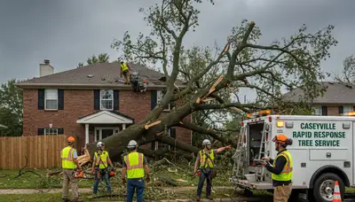 Emergency tree removal crew clearing storm-damaged trees in Caseyville IL near St Louis MO homes