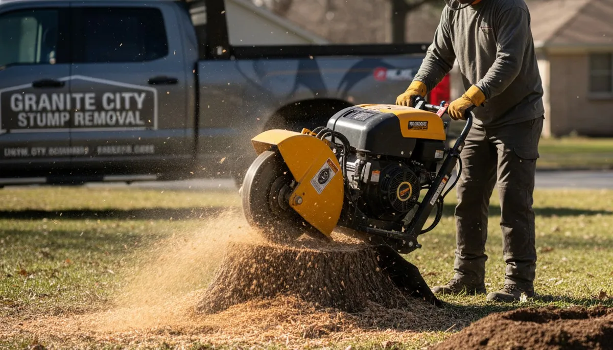 Professional stump grinding service removing tree stumps in Granite City, IL near St. Louis, MO