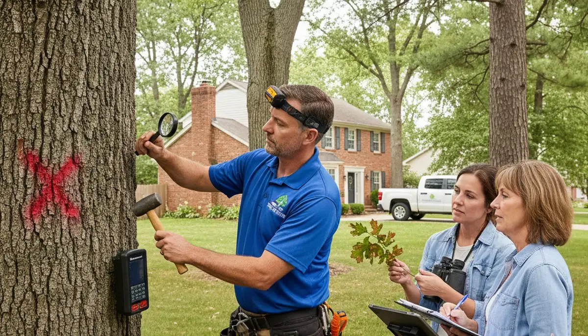 Certified arborist performing tree health assessment in Granite City, IL near St. Louis, MO