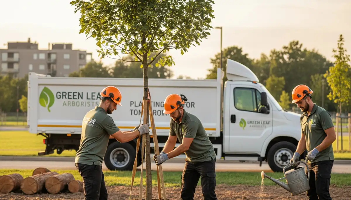 Arborist planting native tree in residential yard, St Louis MO tree planting service