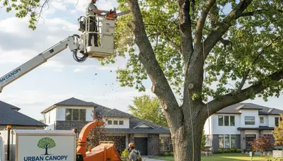 Arborist pruning oak tree branches in St Louis, MO for Chop Chop Tree professional tree care services