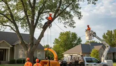 Professional tree removal service in St Louis MO clearing large oak for residential property safety