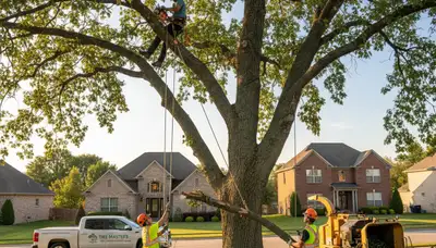 Professional tree removal service in St Louis MO safely cutting and clearing large oak tree