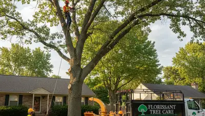 Professional tree removal service crew in St Louis MO safely cutting large oak tree