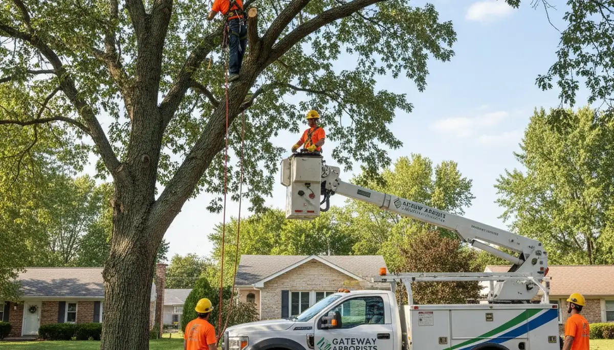 Professional tree removal service in St Louis MO safely cutting large oak tree
