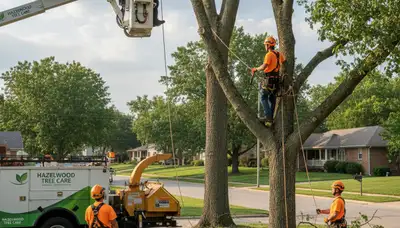 Professional tree removal service in St Louis MO by certified arborists cutting large oak safely