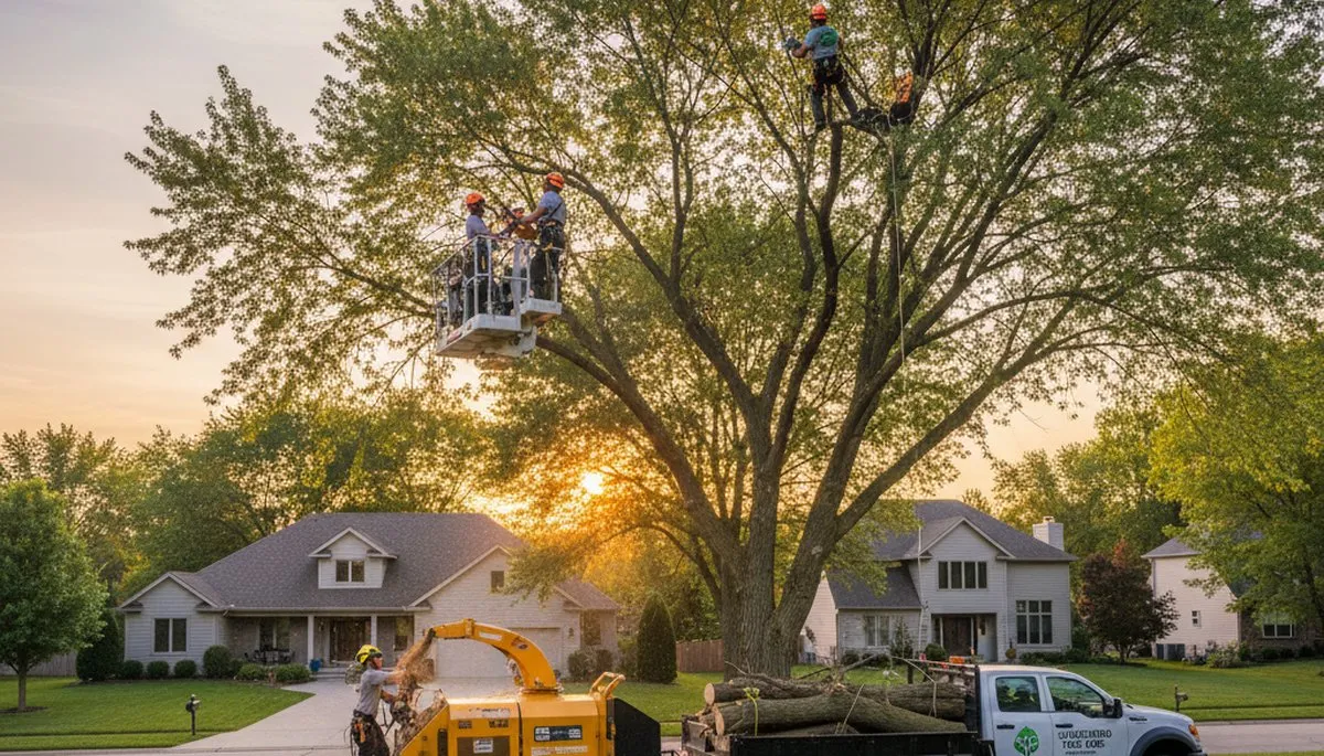 Professional tree removal service in St Louis MO safely cutting down large oak tree