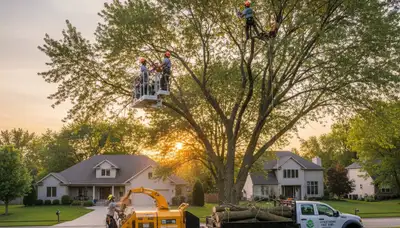 Professional tree removal service in St Louis MO safely cutting down large oak tree