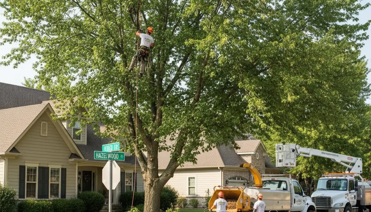 Professional tree removal service crew working safely in St Louis MO neighborhood yard