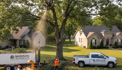 Professional tree removal service crew in St Louis MO safely cutting large oak tree
