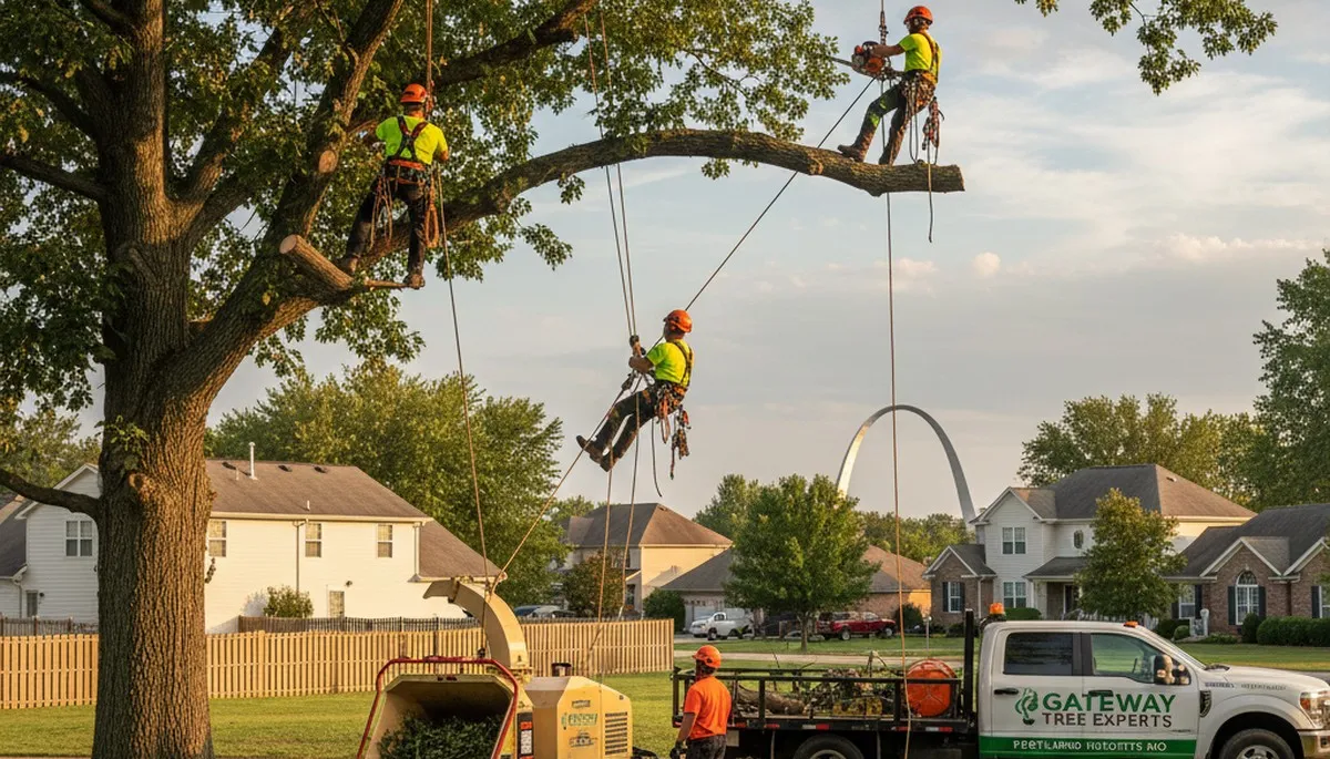 Professional tree removal service in St Louis MO safely cutting large oak tree