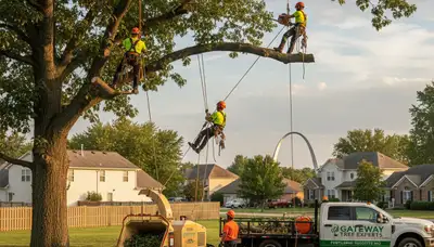 Professional tree removal service in St Louis MO safely cutting large oak tree