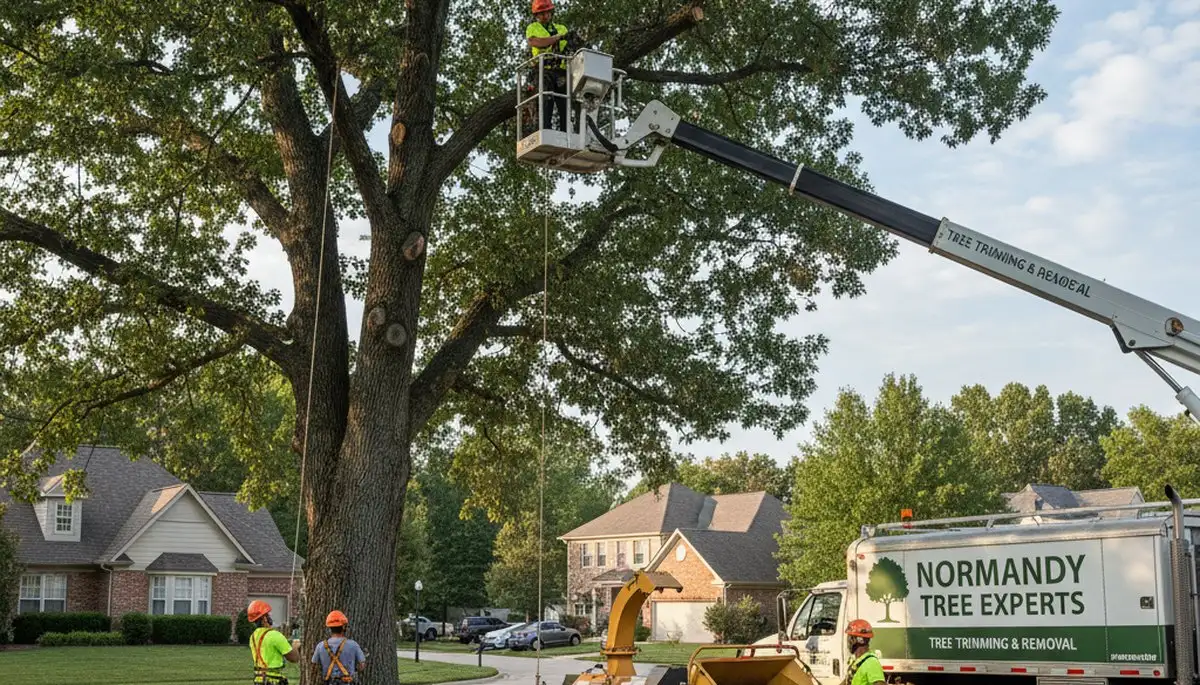 Professional tree removal service in St Louis MO safely cutting large oak tree