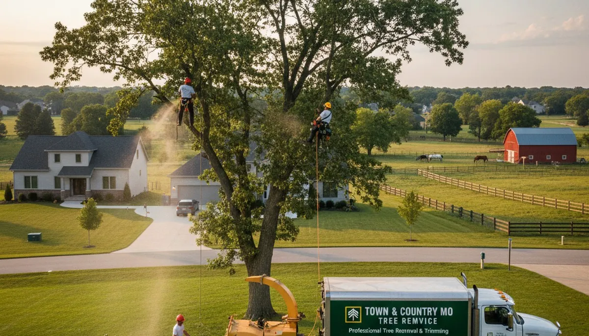Professional tree removal service in St Louis MO safely cutting large oak near residential property