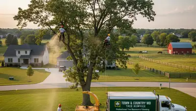 Professional tree removal service in St Louis MO safely cutting large oak near residential property