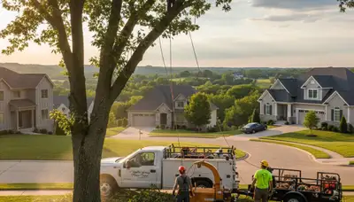 Professional tree removal service in St Louis MO safely cutting and clearing large oak tree