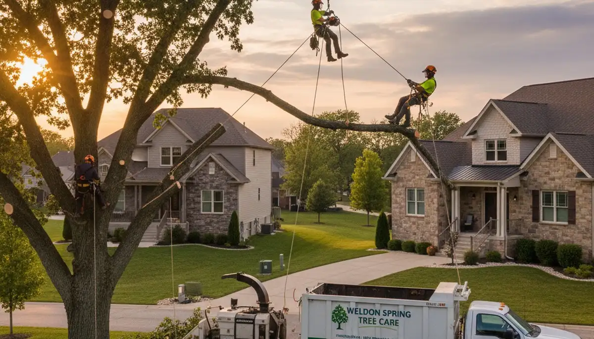 Professional tree removal service team in St Louis MO safely cutting and clearing large oak tree