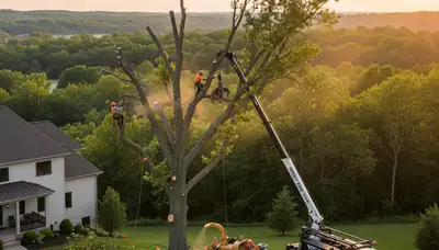 Professional tree removal crew in St Louis MO safely cutting and clearing large oak trees