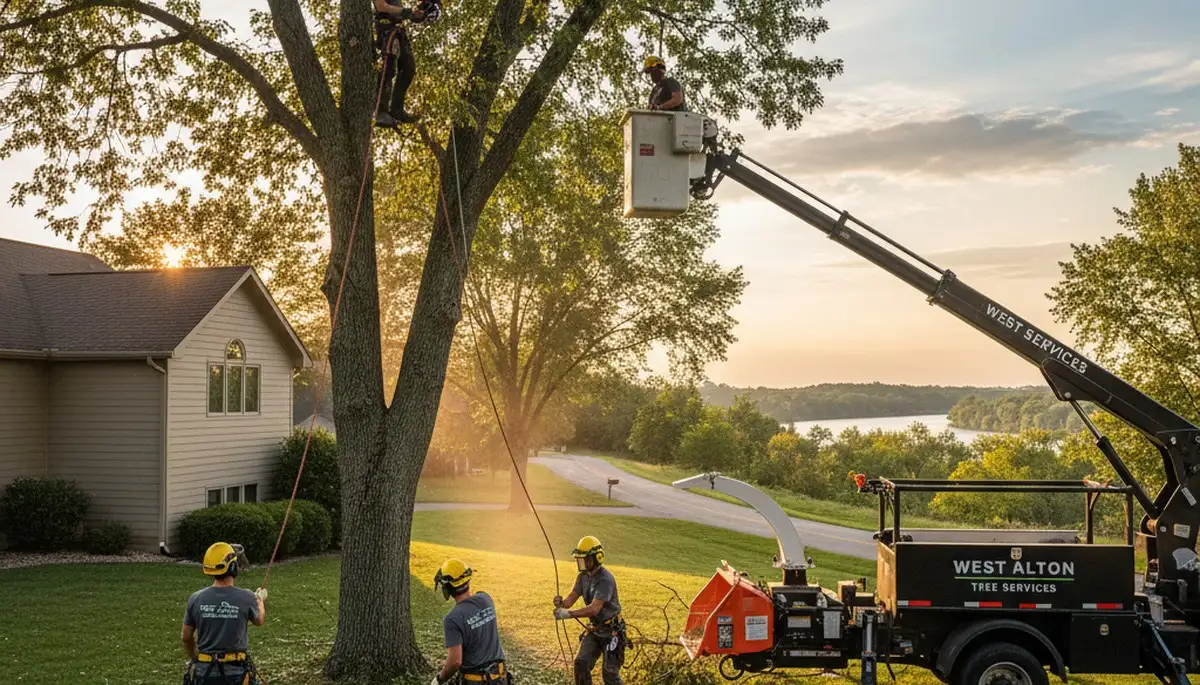 Professional tree removal service in St Louis MO safely clearing large oak tree